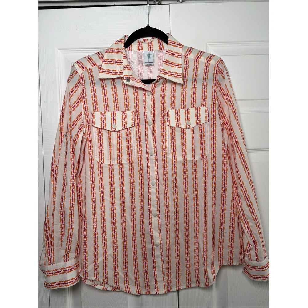 Guy Harvey Womens Medium‎ Fish Striped Snap Shirt Long Sleeve